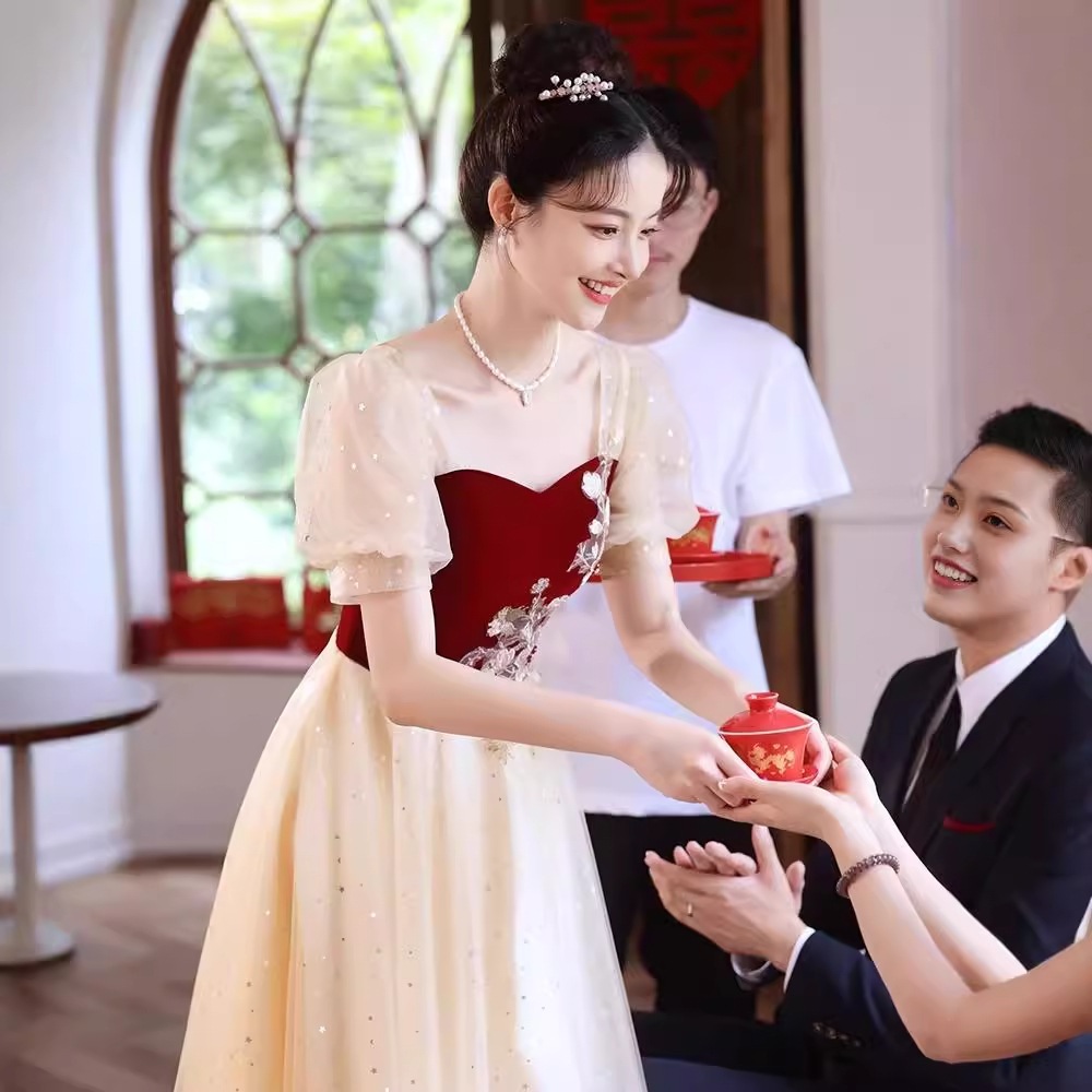 トーストウェア花嫁バーガンディフレンチ婚約ドレス結婚式イブニングドレスメッシュ2024秋冬新作レディース