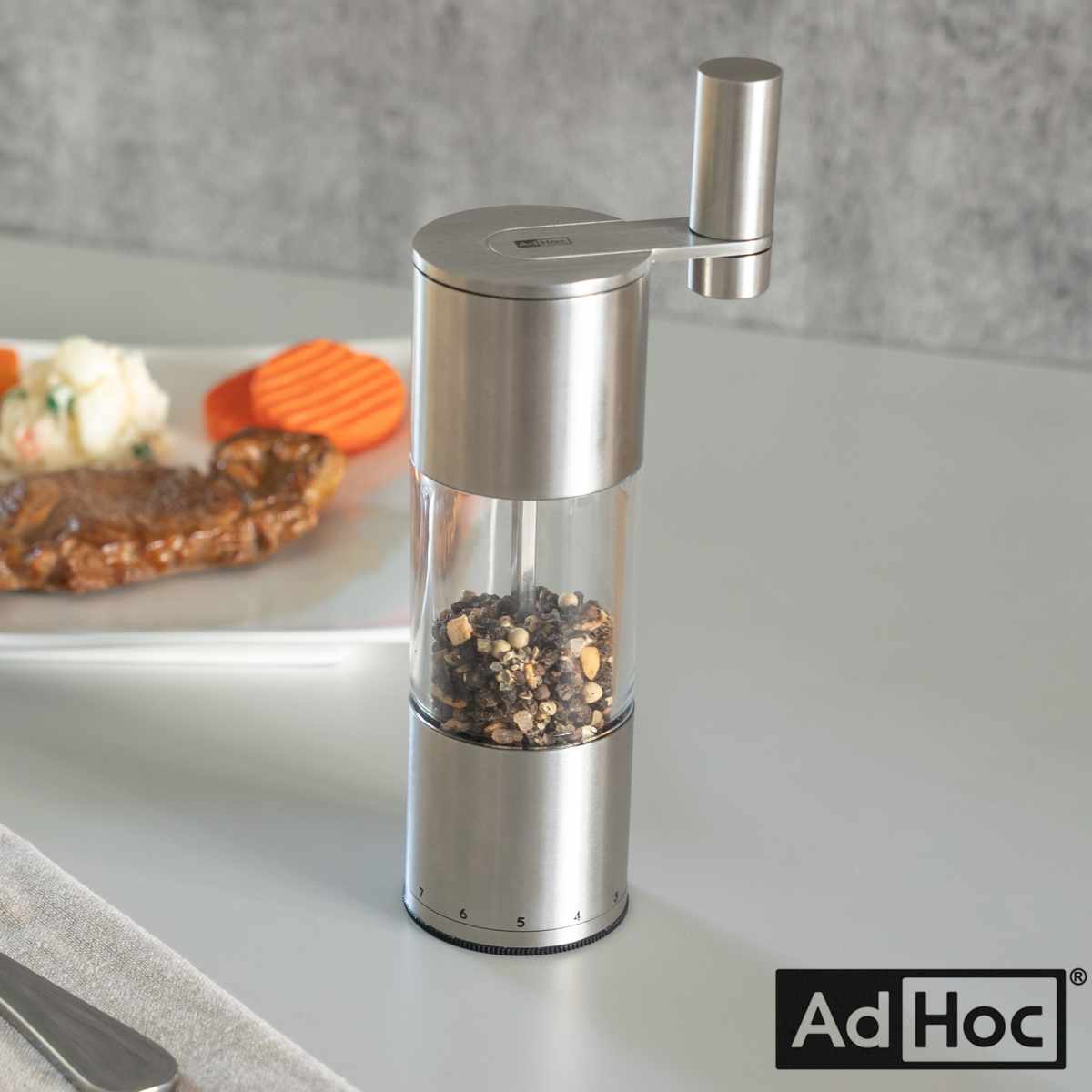 スパイスミル ソルト＆ペッパーミル SELECT AdHoc 手動 粗さ調節 塩胡椒挽き ステンレス セラミック ソルトミル ペッパーミル ソルト＆ペッパー 塩こしょう挽き 手挽き 手動式