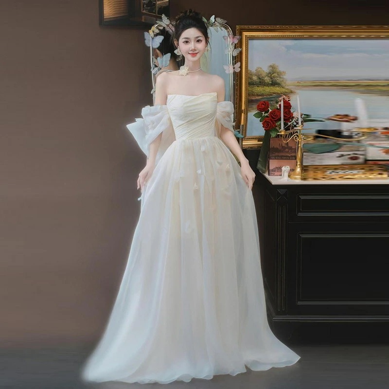 二次会ドレス ウェディングドレス オフショルダー チュール ドレス 可愛い 結婚式ドレス 二次会 ロングドレス ウェディング ドレス Aライン 海外挙式 撮影 XS S M L XL XXL XXXL