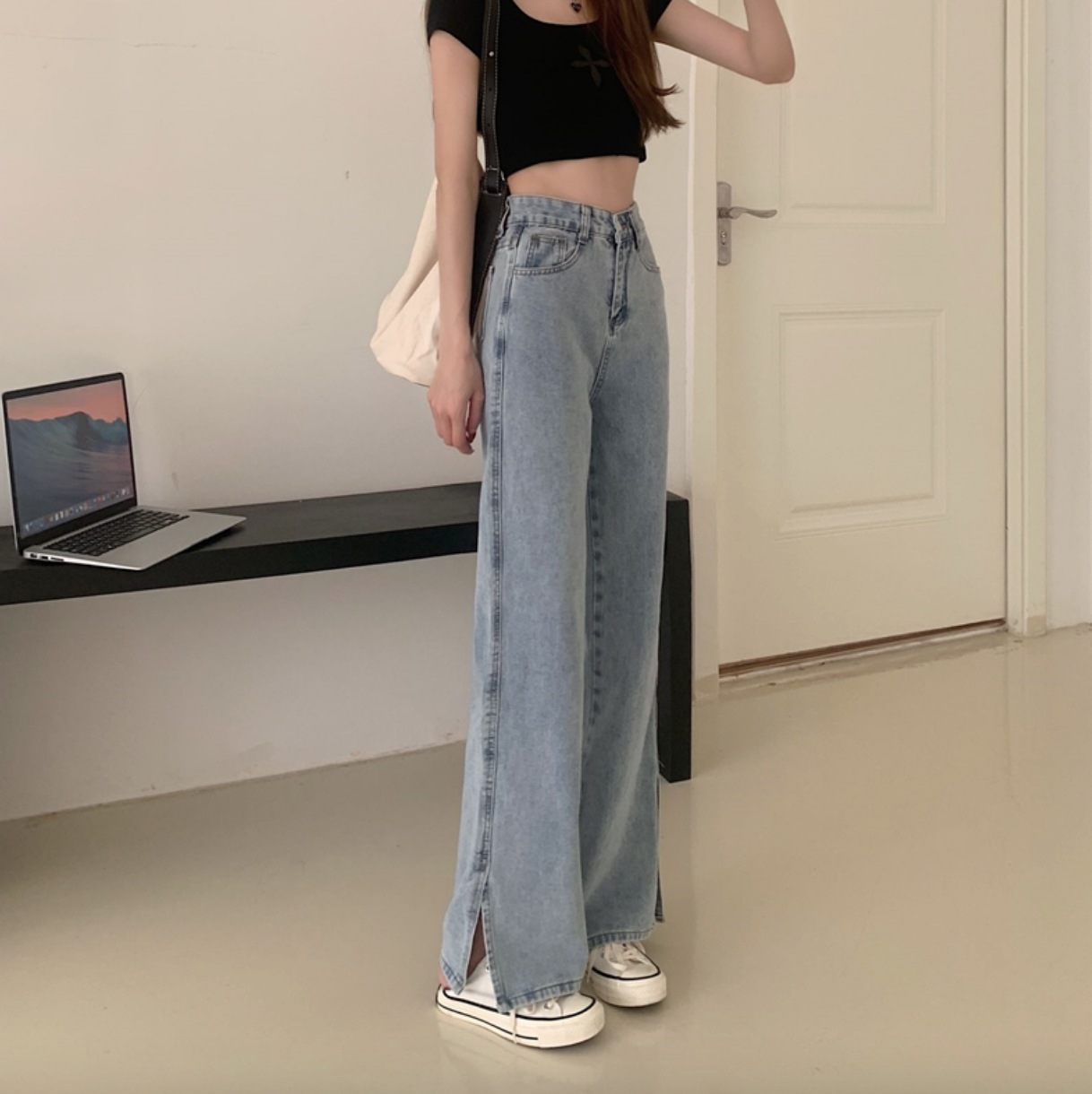 ボトムス パンツ デート ワイドパンツ デニムパンツ ハイウエスト 春 夏 秋 冬 オールシーズン 個性的 ブルー S M L XL こなれ感 スタイルアップ エレガント クール モード系