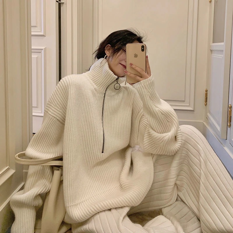 ブラウス2026秋冬金セーターコート女性ゆったりハイネック重ヘッダーファスナーホワイト開襟太針ニットラブリータートルネックラウンドネックニットあったか！カシミヤタッチロンTベーシックニッ