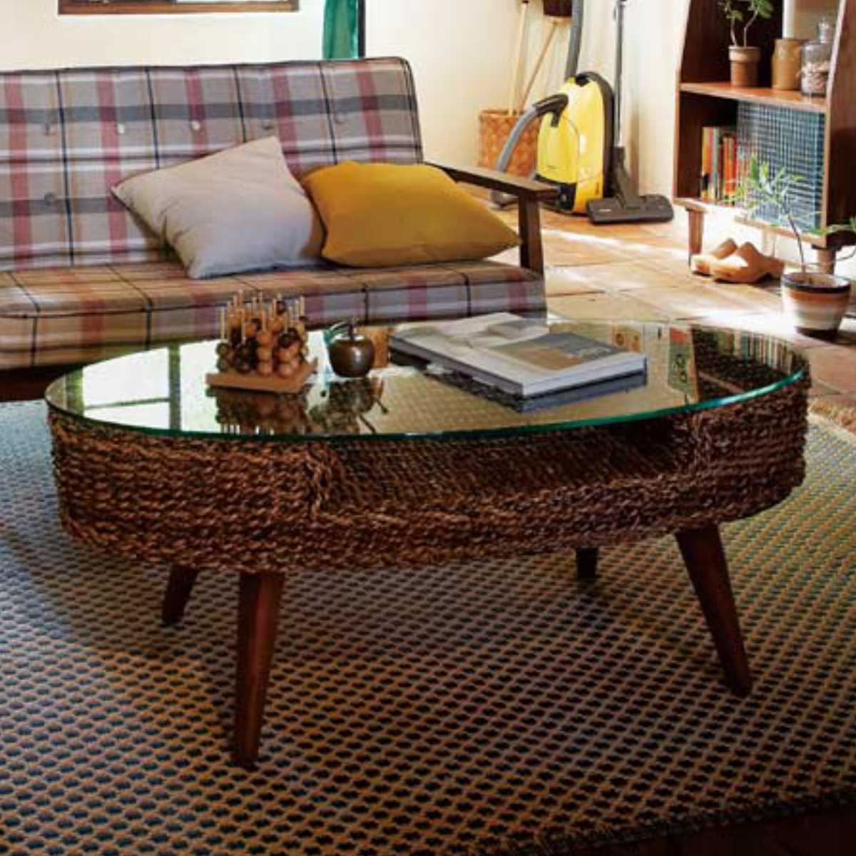 センターテーブル 幅105cm ガラス天板 アバカ センターテーブル ローテーブル リビングテーブル 机 アジアン リゾート 楕円 ガラス テーブル センターテーブル ローテーブル リビングテーブル