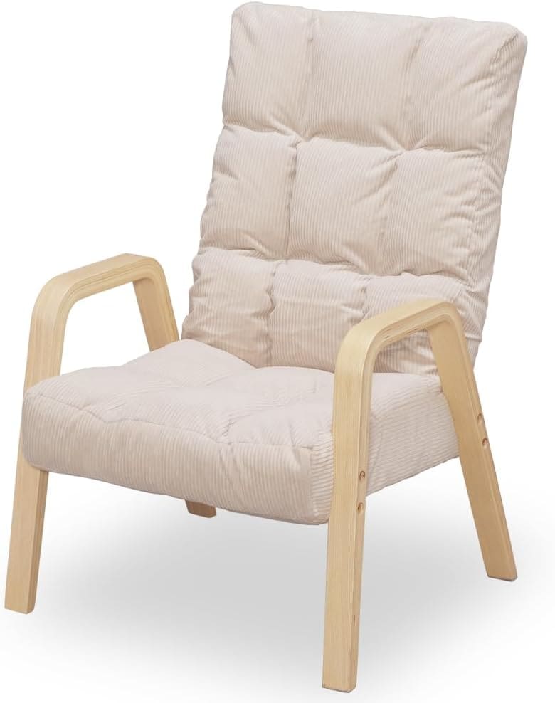 ウッドアームチェア Mサイズ リクライニングチェア 背もたれ6段階リクライニング 折りたたみ可 幅約53×奥行約56~74×高さ約72~78cm ベージュ