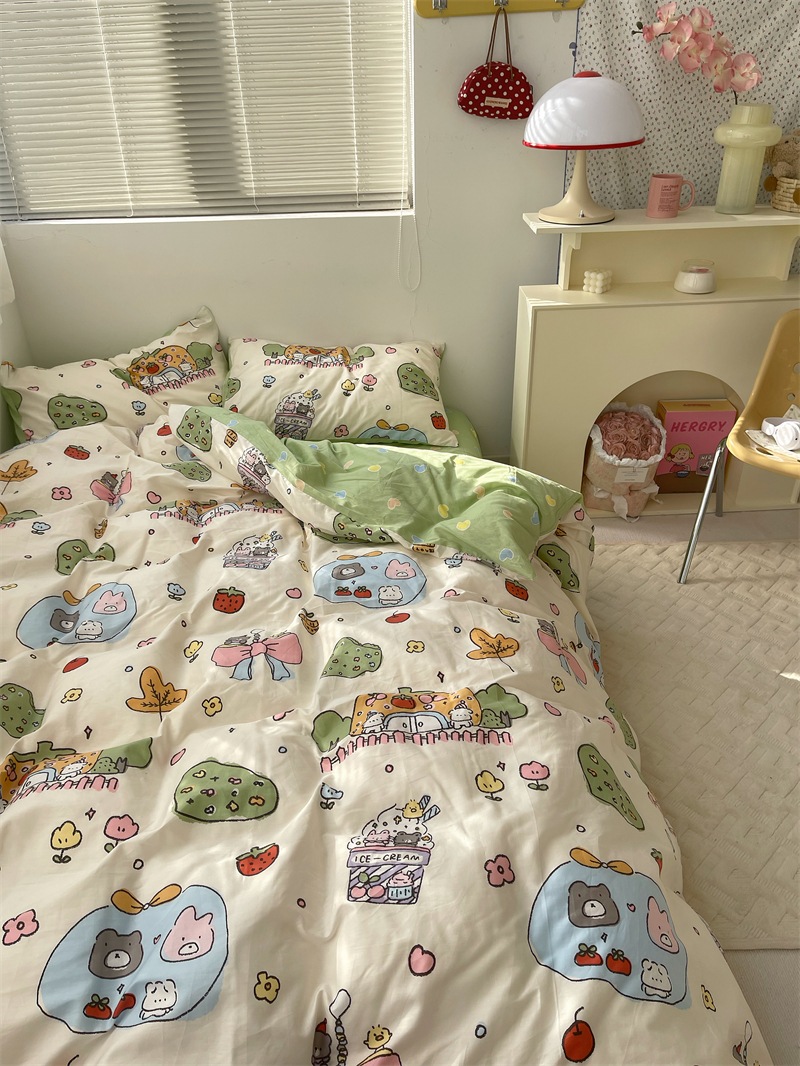 limeng Candy House キュートガーリーハート 40カウント純綿4点セット コットンシーツ 掛け布団カバー シーツ シーツ 寝具