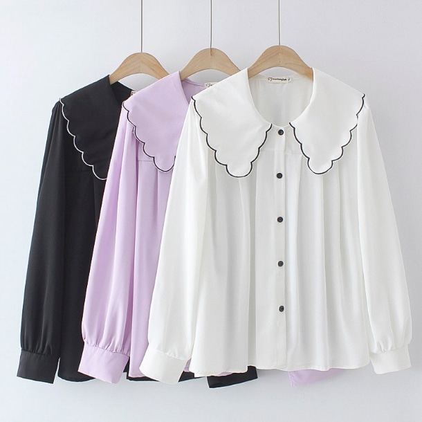 トップス シャツ ブラウス 白シャツ ビッグカラーブラウス 袖あり 長袖 ラウンドネック 襟付き かわいい 大人可愛い きれいめ 大人 上品 おしゃれ レトロ 大人女子 こなれ感 ラブリー キュート