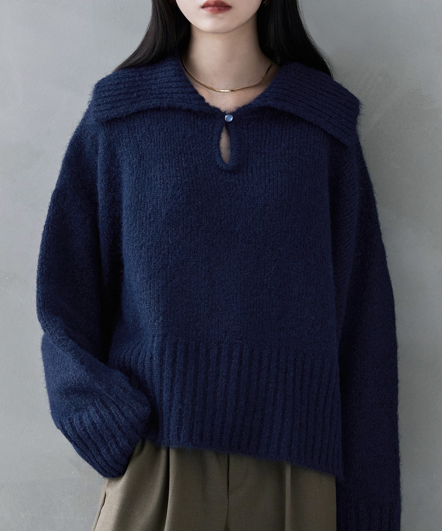 アルパカタッチビッグカラーニット トップス ニット レディース 襟付 プルオーバー リブニット セーラーカラー ニット 3.5G 長袖 大襟 ウールミックス 起毛 ニット ショート丈 ワイドスリーブ