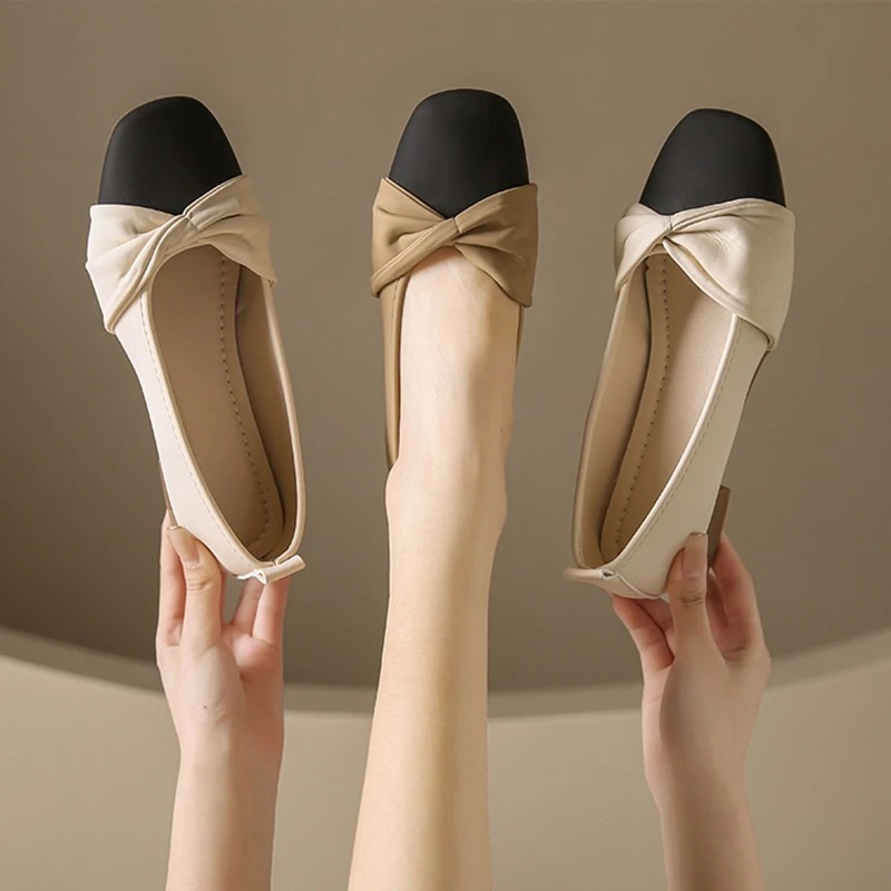 韓国ファッション スイート ラウンドトゥ 質感 高級感 ローファー メリージェーンシューズ 可愛い スイート 蝶結び 小香風 単靴 コントラストカラー 快適柔らかい パンプス フラットシューズ