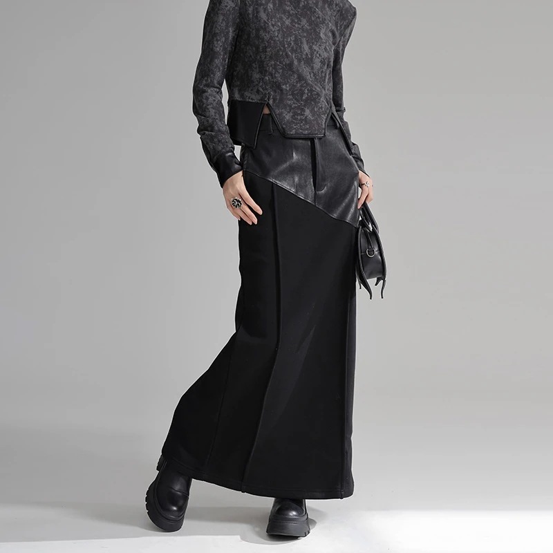 【J.Fashion】 ドッキング 裏起毛 ロングスカート PUレザー Aライン タイトスカート ロングスカート 関連商品は店で購入可能30%までに制限