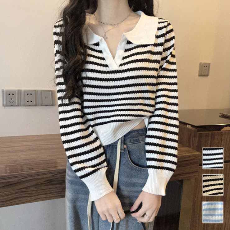 ボーダーポロニット レディース 10代 20代 30代 韓国ファッション 春 秋 可愛い 女子会 カジュアル デート おしゃれ 白 黒 お出かけ 大人 5,520円