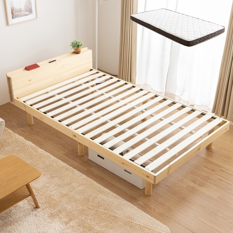 すのこベッド + 薄型マットレスセット シングル マットレス付き 天然木フレーム高さ3段階すのこベッド 脚 高さ調節