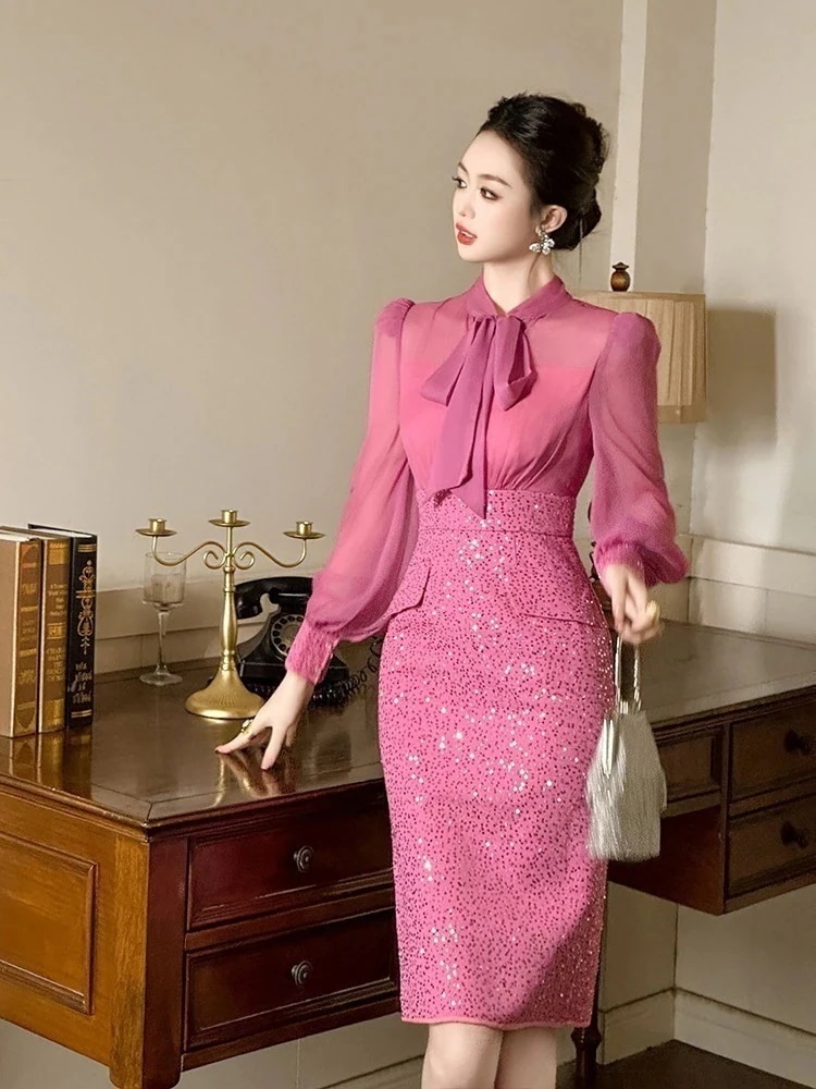 【JY.上品】 2025春冬 蝶結び ワンピース シフォン ドッキング キラキラ パーティードレス キャバ 着痩せ 大人 お呼ばれ 同窓会 披露宴 卒業式 結婚式 ウェディング 二次会 成人式