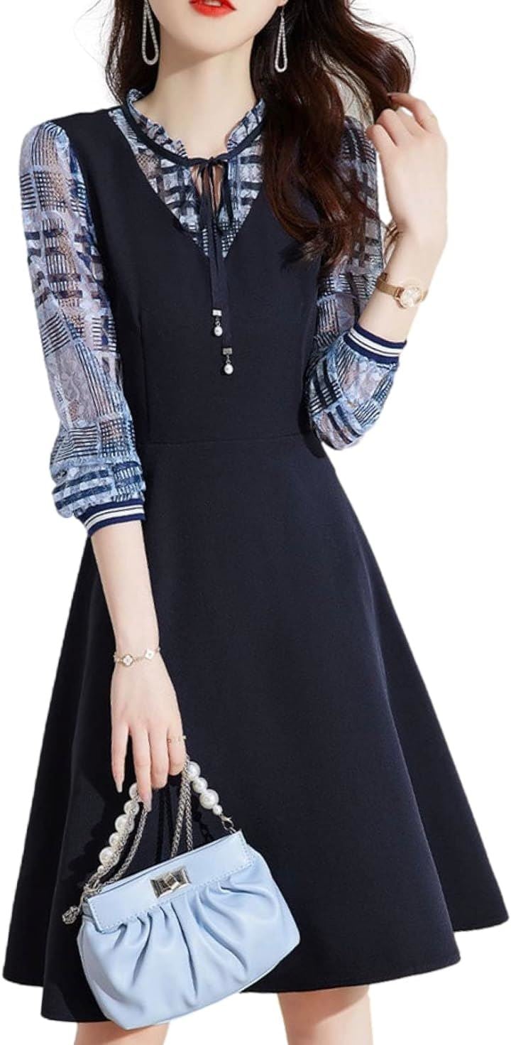 ワンピース チェック柄 シースルー 切り替えワンピース 膝丈 長袖 春 夏 レディース( ネイビー, L)