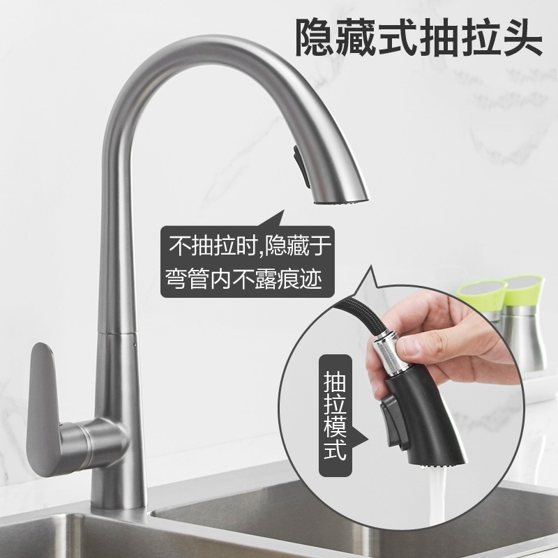 キッチン 総銅製シンク水栓 温冷隠し プルヘッド ガン グレー 蛇口 流し台シンク