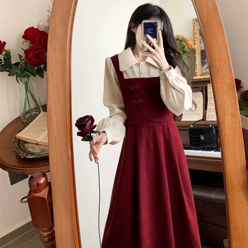 ワンピース　ロングワンピース　ロングワンピ　ロング丈　フレアスカート　ハイウエスト　レッド　秋冬　ガーリー　きれいめ　デート　フリルスカート　ロングスカート　ジャンスカ　上品　シンプル 5,315円