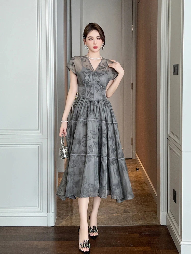 ロングスカート上品 25 Vネック レトロ ロングワンピース 花柄 ドレス パーティー キャバ 大人 同窓会 披露宴 卒業式 結婚式 演奏会 ウェディング 二次会 メガ割 5,672円