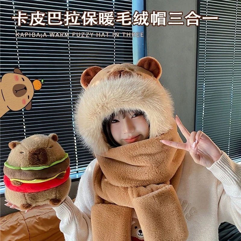 耳あて・イヤーマフラー かわいいキャピバラ帽子マフラースリーピース女性秋と冬の漫画のぬいぐるみ水イルカ暖かい防風ネック1