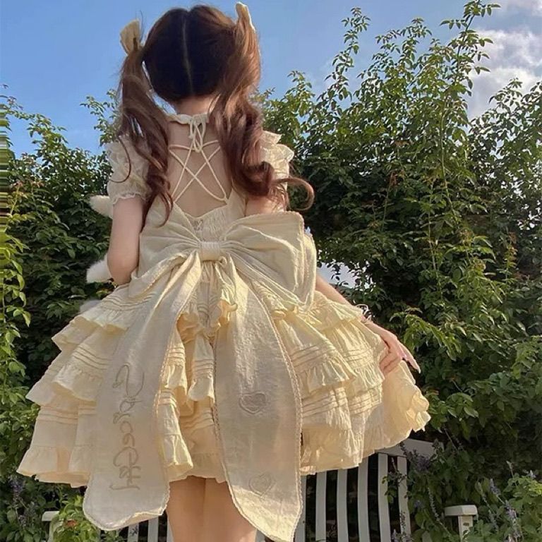 【2枚購入で 3oo円OFF！】かわいい黄色のかわいいかわいい背中大弓丸瓶スカートopドレスロリータ腫れたテールプリンセススカート