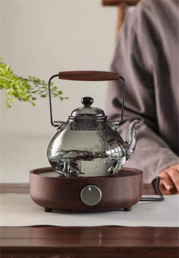 INSスタイル お茶煮 大容量 電気陶器炉 大人気 提梁壺 高温耐性 黒桃木把 ガラスやかん 高ホウ素シリコン
