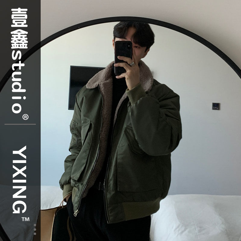 ミリタリーグリーンラムウールコットンジャケットメンズ厚手ボンバージャケットジャケットプレミアム紳士服