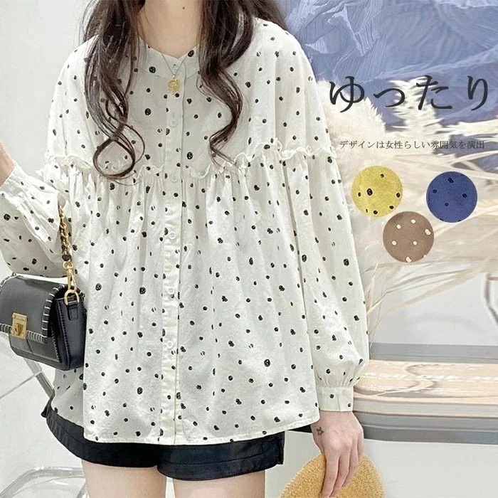 【急速出荷】チュニック レディース シャツ トップス シャツブラウス 長袖ブラウス 長袖シャツ 春 夏 綿シャツ ドット柄 バルーンスリーブ バルーン袖 コットン 羽織り アウター 体型カバー ノー