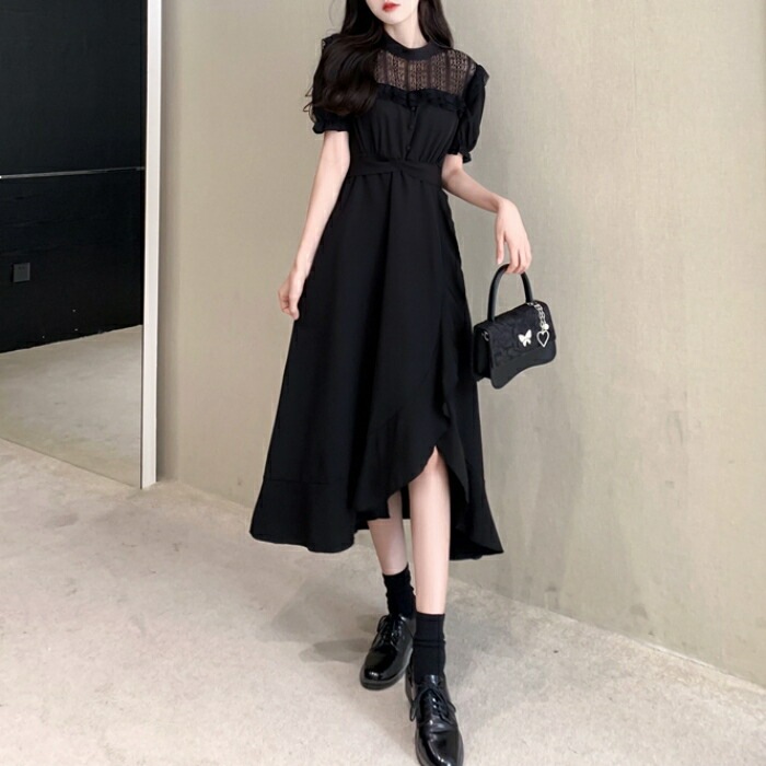 ワンピース ドレス 袖あり レース フリル レディース きれいめ カジュアル ミモレ丈 大人 可愛い 半袖 フェミニン Aライン アシンメトリー 体型カバー リボン 透け感 ハイウエスト ブラック 黒 5,779円