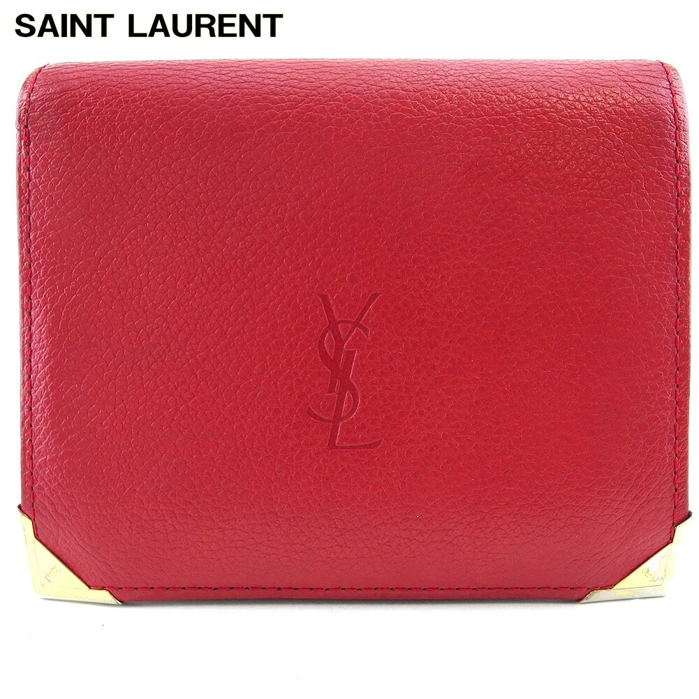 二つ折り 財布 がま口 ミニ財布 YSLロゴ レディース レッド ゴールド 中古