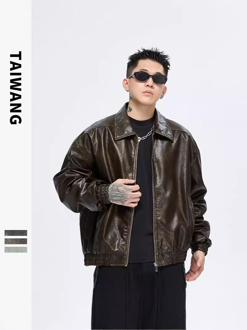 2024アメリカンレトロラペルレザージャケットメンズ秋冬新作ルーズカジュアルジャケット