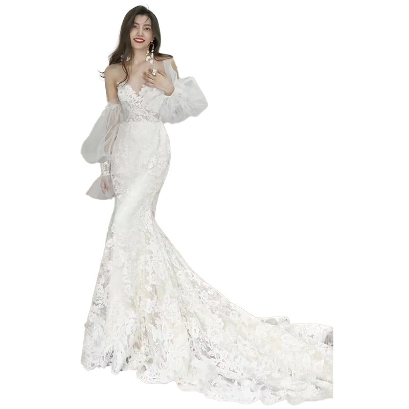 ロングドレス ウェディングドレス ホワイト 結婚式 花嫁 パーティードレス フィッシュテールドレス