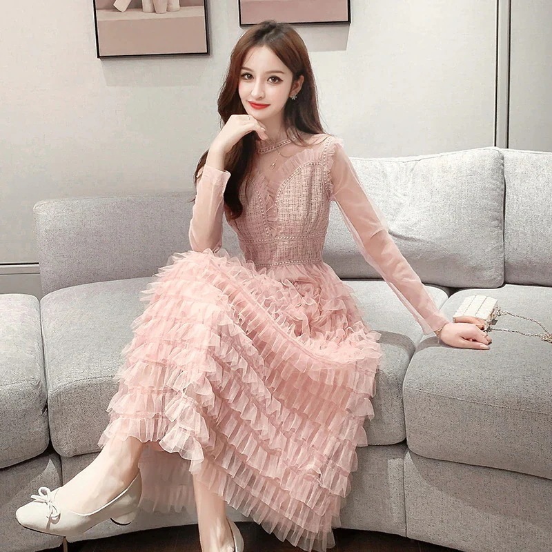 2025春と秋の水玉メッシュハイウエストロングスカート薄いレースピースケーキドレス女性 母の日-0009745