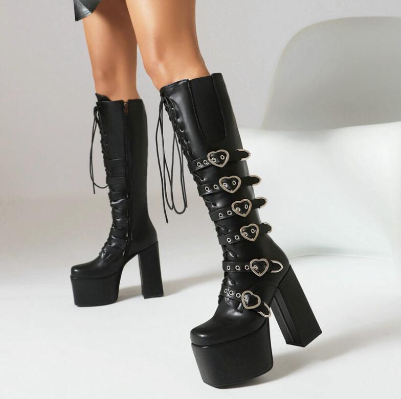 タイムセールりレディースブーツ 厚底 ブーツ　ロングブーツ 黒 ブラック　レディース メンズ 14cm 超ハイヒール ストレッチ 大きいサイズ 小さいサイズ 女王様 ダンス衣装 コスプレ 太ングブーツ