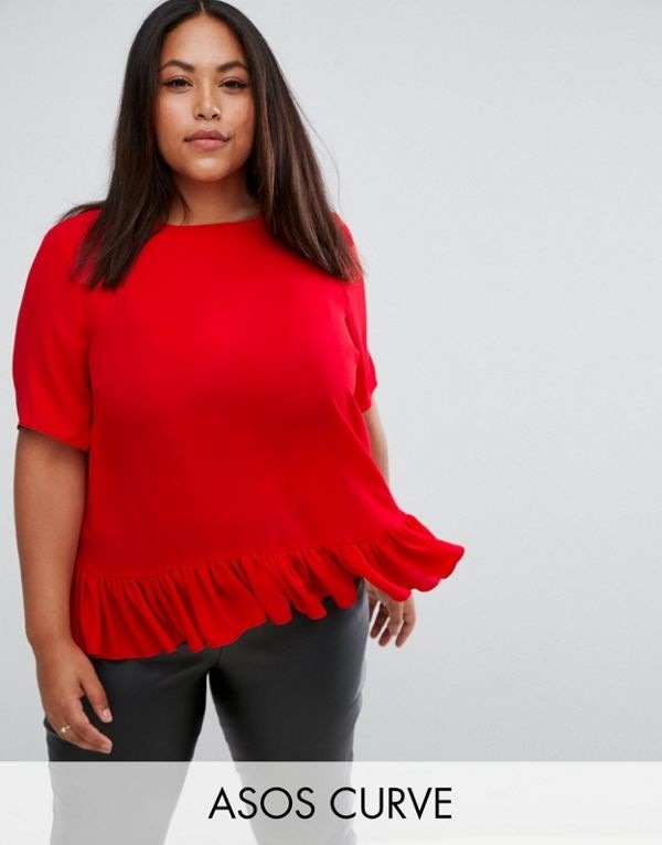 ASOS エイソス レディース 大きめサイズ ゆったりサイズ 送料無料 Red CURVE Woven T-Shirt with Ruffle Hem
