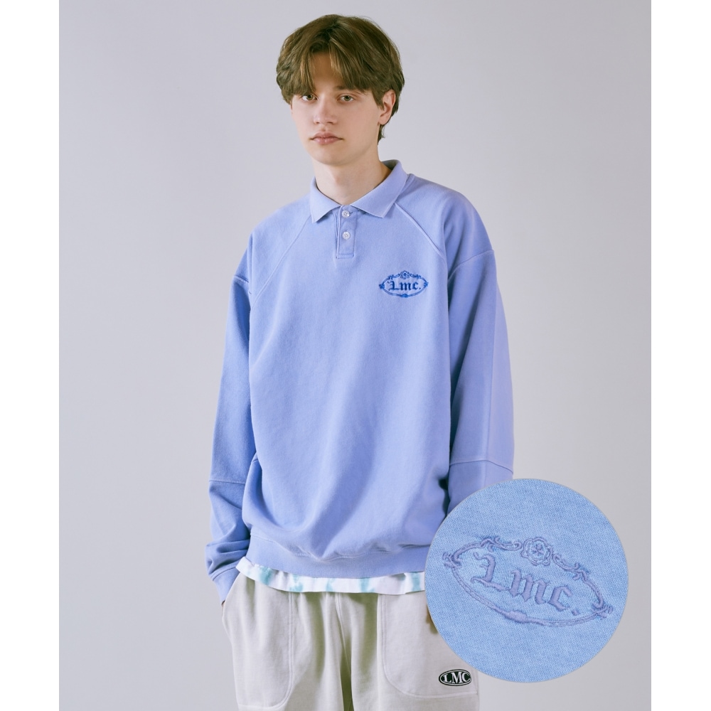 LMC オーバーダイ ゴシック オーバルカラー スウェットシャツ スカイブルー