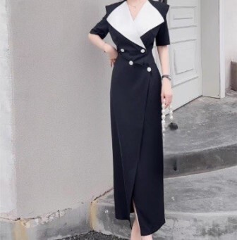ワンピース シャツワンピ ジャンプスーツ マキシ アシンメトリー 半袖 角襟 ケープ襟 タイト スリム 細身 フェミニン ウエストマーク スリット ハイウエスト ボタン クール エレガント モダン