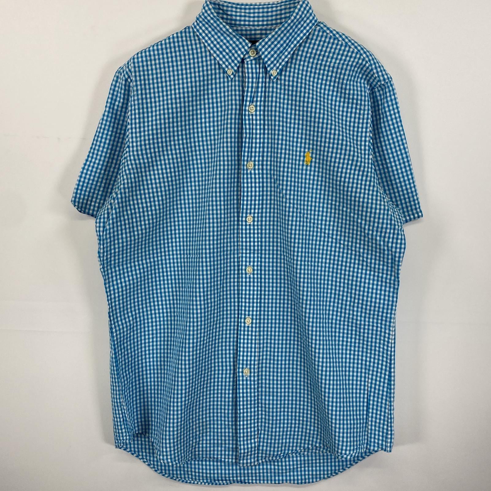 古着 シアサッカー 半袖シャツ ワンポイントロゴ刺繍 ギンガムチェック M ブルー系 チェック メンズ