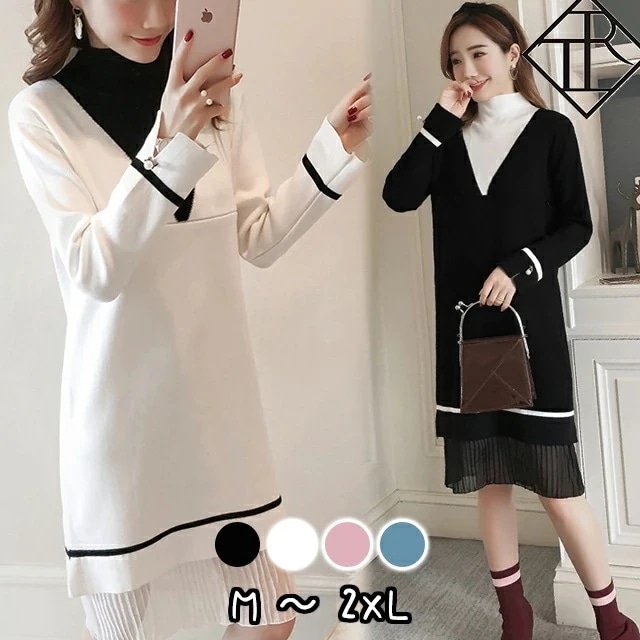 【即納】ワンピース レディース ニットワンピース 秋冬 ロングワンピース 長袖 秋 ニット ワンピース 大きいサイズ ワンピース ひざ丈 クルーネック 長袖 バイカラー フ