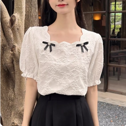 トップス シャツ ブラウス レディース 半袖 パフスリーブ スクエアネック 襟なし ワイド フェミニン 薄手 かわいい 大人可愛い きれいめ シンプル カジュアル 上品 おしゃれ こなれ感 ラフ