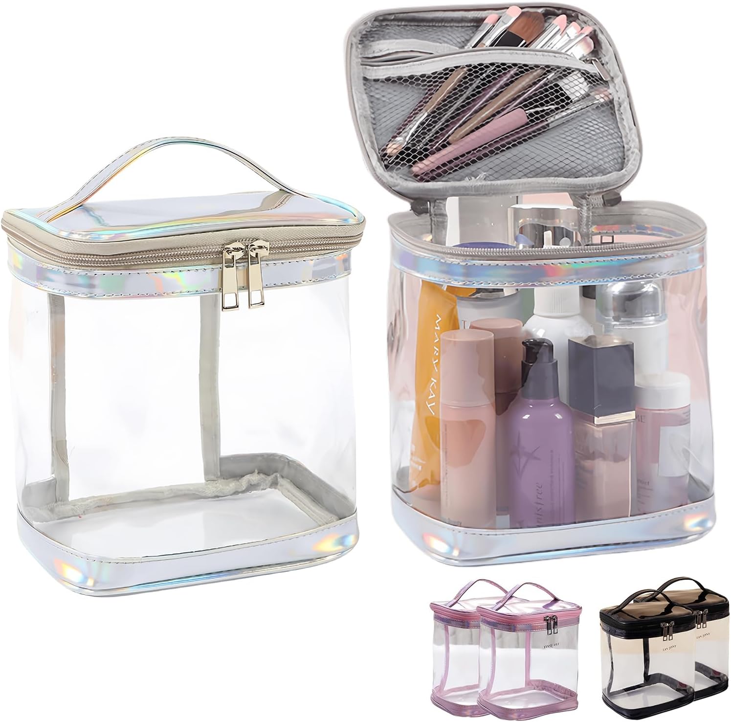 2個セット PVC透明 コスメポーチ 防水 大容量フリップカバー 大きめ 取手付き 多機能 シンプルスタイル シルバー 旅行用