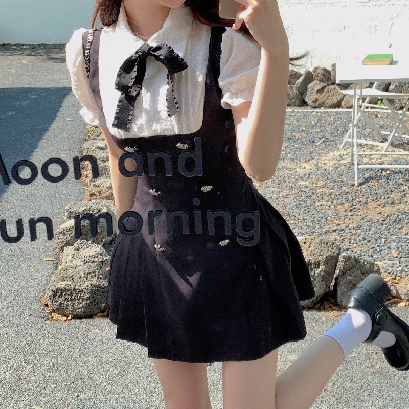 ドッキングワンピース ワンピース フレアワンピース ワンピドレス ミニ ミニ丈 袖あり 半袖 パフスリーブ 襟付き フレア ドッキング リボン ドッキング ハイウエスト かわいい 大人可愛い きれいめ