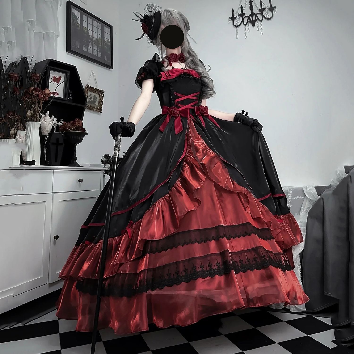ロリータドレスハロウインビッグスカートエクストラロングドレスプリンセスロリータ誕生日バットミツバーハロウィーン