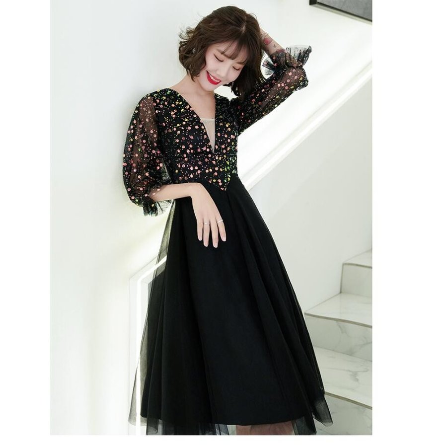 パーティードレス ウエディングドレス aラインワンピース 結婚式 袖あり 上品 ミモレ丈ドレス 大き