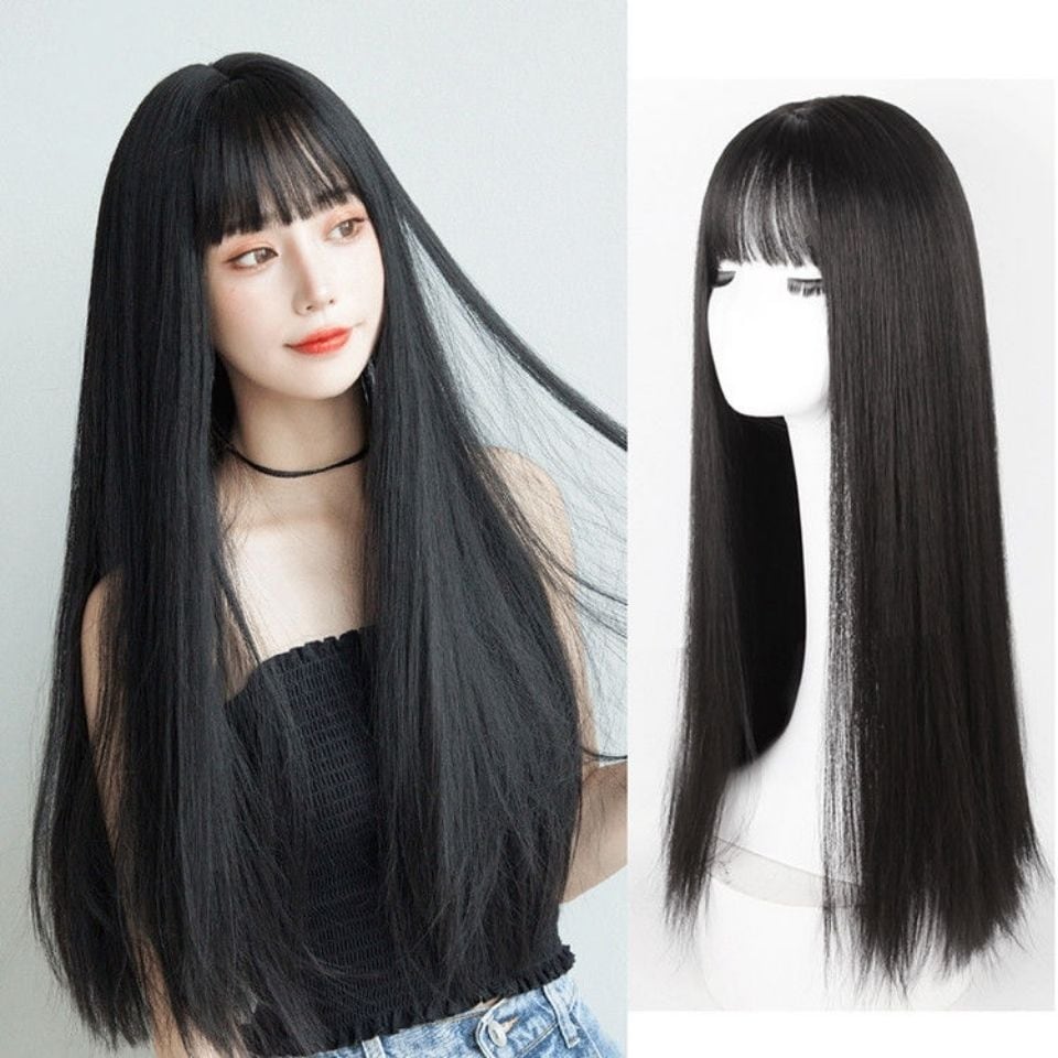 ウィッグ 女性 黒 ロングヘア ソフトガール リアル ナチュラル フルヘッド カバー ライス プラチナ エア 前髪 気質 顔 トリミング ロングヘア
