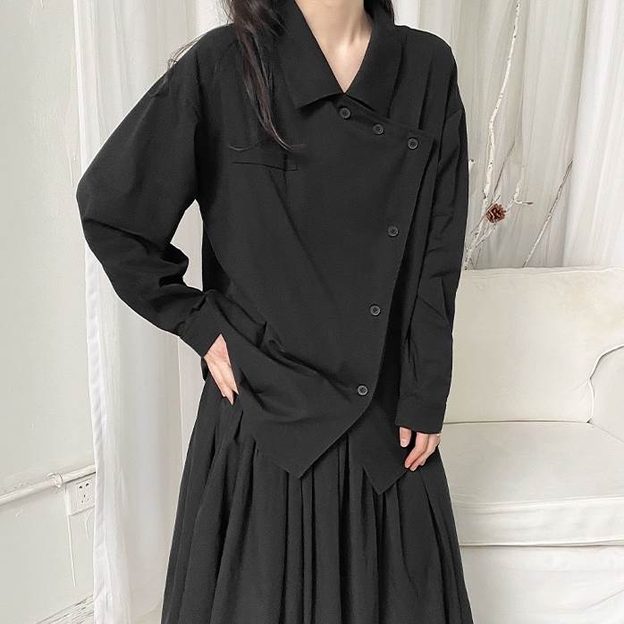 2色 トップス シャツ レディース 長袖 ブラック 黒 ホワイト 白 アシンメトリー 個性的 かっこいい ブラウス 春 秋 ボタン 襟付き ロングシャツ 羽織 アウター S M L XL 10代 20 5,472円