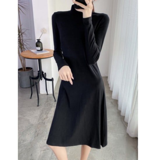 【取寄：納期2週間】ひざ丈ワンピース レディース ワンピース ハイネック Ａライン 長袖 シンプル 無地 綿 コットン プルオーバー カジュアル お出掛け おしゃれ きれいめ ハイウエスト