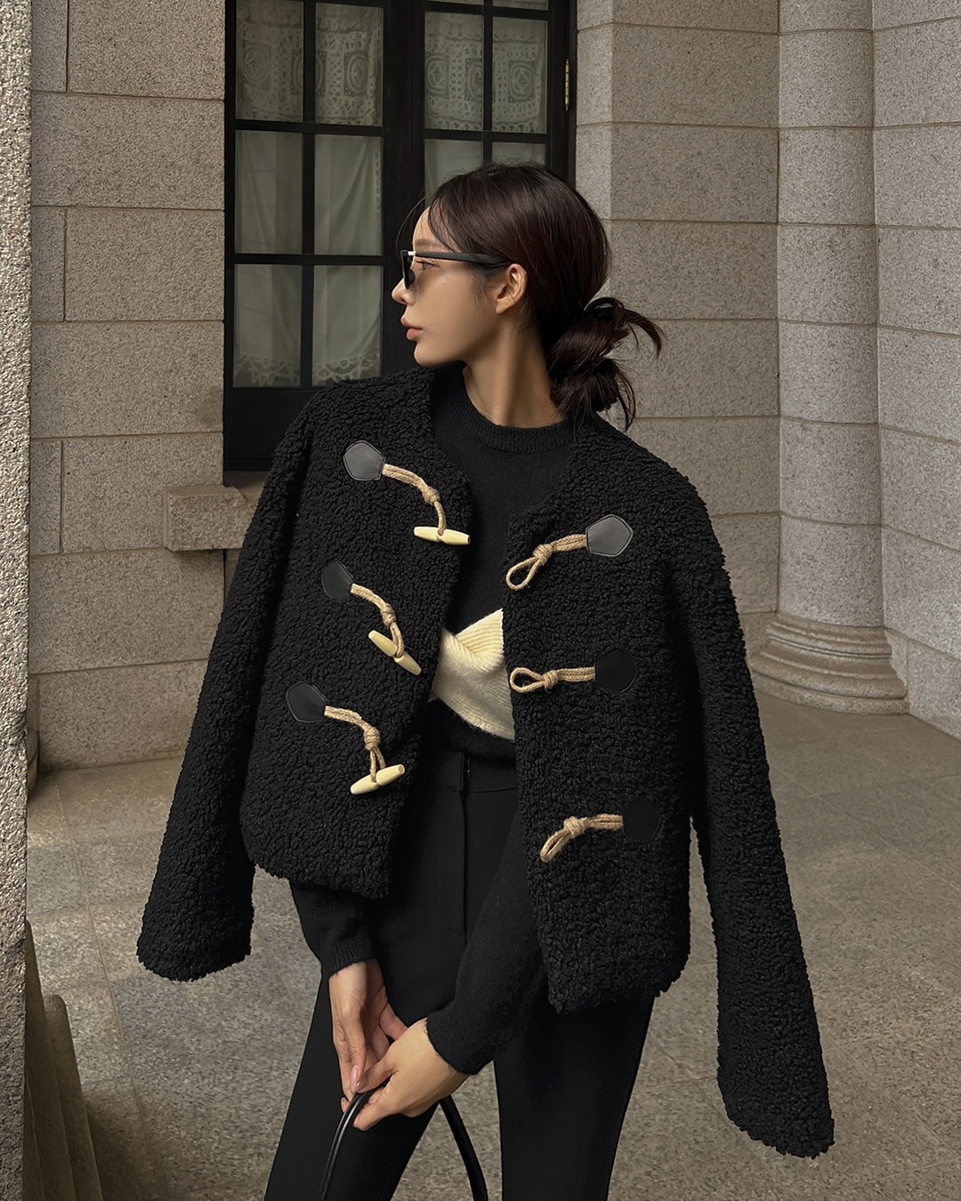 ノーカラーボアジャケット韓国ファッション レディース