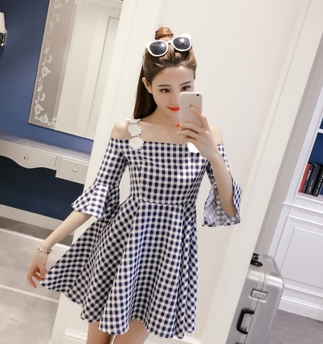 1282．ギンガムチェックストラップミニワンピース（ブルー）