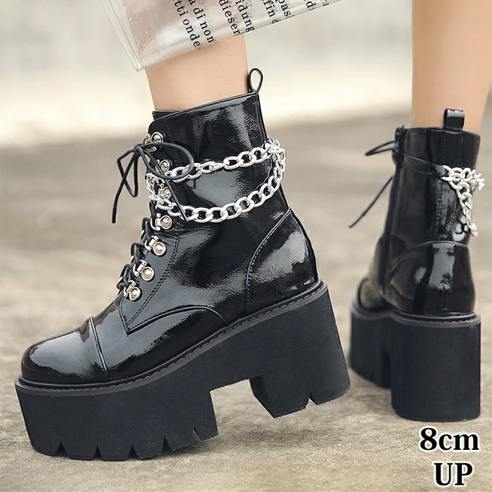 厚底ブーツ レディース ショートブーツ ハイヒール 丸トウ 黒 ハロウイン バット 地雷系 コスプレシューズ 袴ブーツ 太ヒール チェーン飾り 原宿系 厚底ショートブーツ スーパーヒール ゴスロリ パ