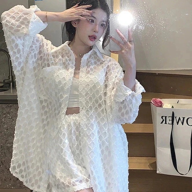 涼しく楽ちんセットアップ韓国フ今週の割引は 25% オフですァッション リゾート日焼け止め 紫外線対策 通気性 カーディガンパンツセット女性用ゆったりサイズ2点セット