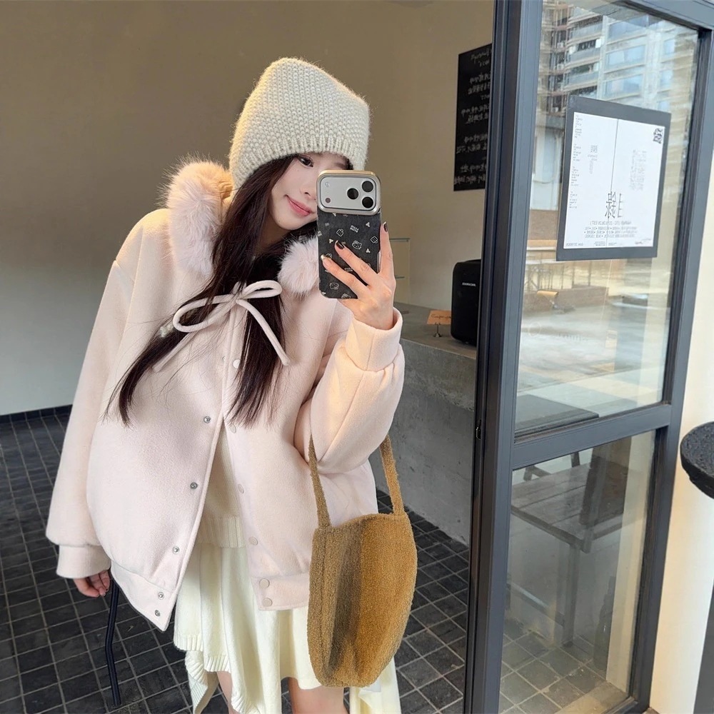 リボンベルト大ファーカラーフーデッドアウター 冬 中綿加厚保温カジュアルトップス フェイクファー