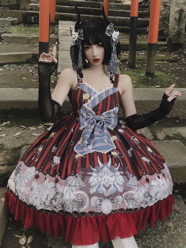 【短納期】パンクゴシック原宿スウィートロリータJSKドレスダークレッドノースリーブポリエステルボウロリータジャンパースカート