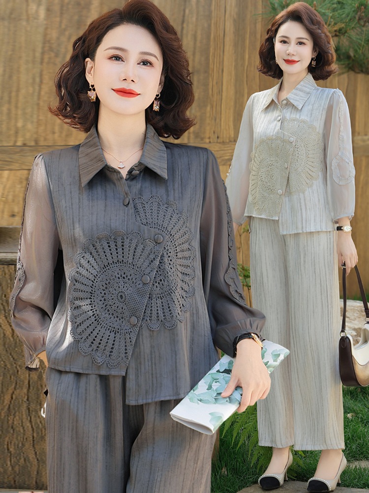 【2点セット】シニアファッション ブラウス ワイドパンツ 2点セット レディース 女性用 中高年用 セットアップ お婆ちゃん服 着痩せ 伸縮性 涼しげ サラサラ コンフォート ポロネック 誕生日